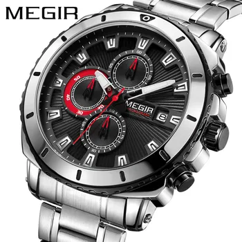 

Luxury Stainless Steel Men Sport Watches MEGIR Waterproof Chronograph Male Quartz Wrist Watch Military Army Fashion Gift Clock