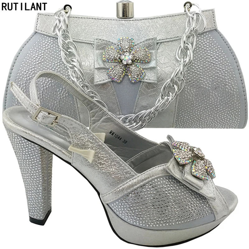 

New Arrival Sliver Color Italian Shoes with Matching Bags for Wedding Italy Matching Shoes and Bag Set Decorated with Rhinestone