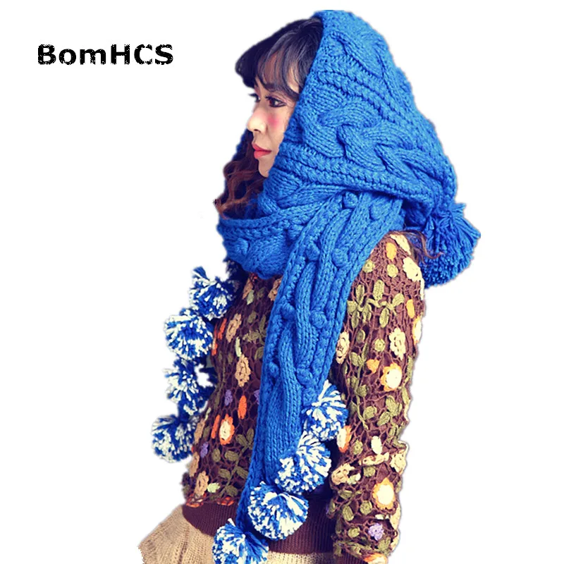 

BomHCS Sweet Winter Warm Women's Big Scarf with Hat with Pompoms 100% Handmade Knitted Beanie Neckerchief Cap