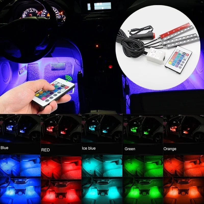 

Car Interior Ambient Light RGB LED Neon Strip Atmosphere Lights Floor Foot Lighting Kit 5050 SMD Wireless Remote Control