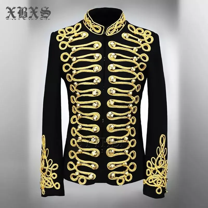 M-4XL Men blazer black golden embroidery coat Jacket Bar Male DJ Singer Slim Coat Stage Costume Plus Size