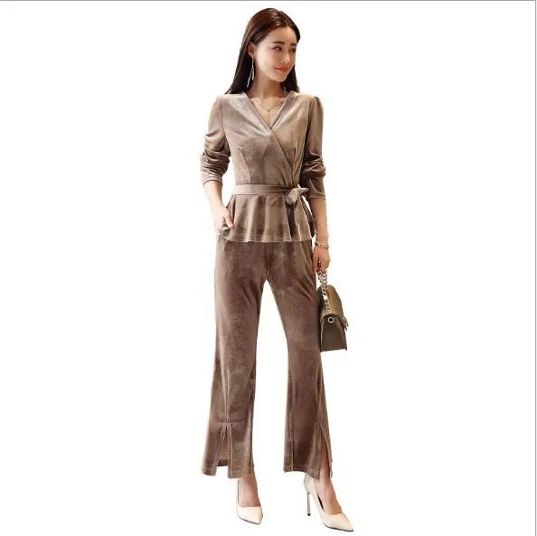 

Spring Autumn 2 Piece Set Women Velvet Two Piece Outfits Black Khaki Office Work Pant Suits For Women Velour Set Clothing