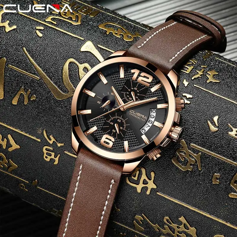 CUENA Quartz Watches Men Stopwatch Luminous Hands Genuine Leather Strap 30M Waterproof Sport Clock Men's Wristwatch Male Clock CUENA Quartz Watches Men Stopwatch Luminous Hands Genuine Leather Strap 30M Waterproof Sport Clock Men's Wristwatch Male Clock