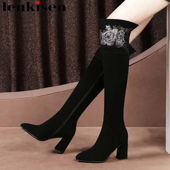 

2018 Hollywood movie stars cow suede high thick heels zipper large size colorful crystals pointed toe sexy thigh high boots L17
