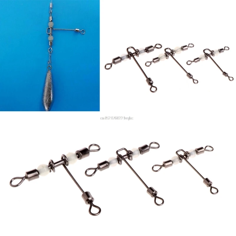 

5pcs 3 Way Luminous T-shape Rolling Swivel With Beads Fishing Swivels Connector