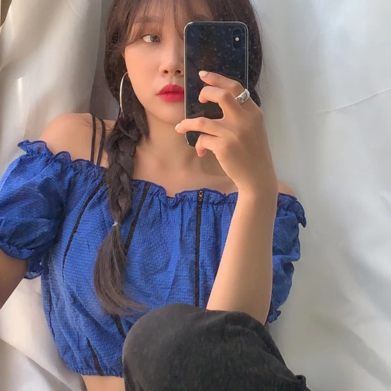

Naughty Girl Crop Top Sexy Shirt Women Blouse Puff Sleeve Pleats Chemise Femme Chemisier Blusa Mujer Camisa