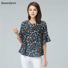Banerdanni New Women product Flower Print Chiffon Blouse Summer Batwing sleeve Simple Blouse Plus Size 5XL Loose Female Top plus flower print flutter sleeve top