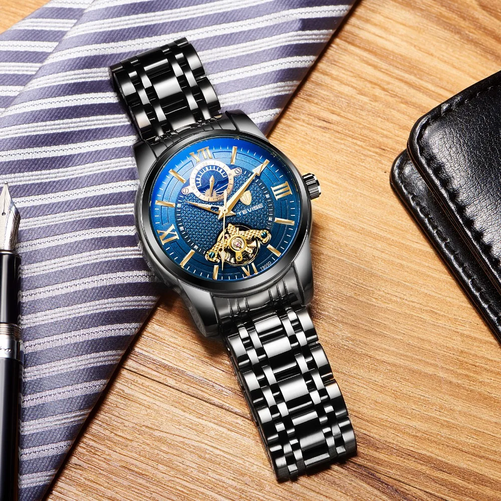 Tevise الفاخرة التلقائي الذاتي الرياح الرجال ووتش الكلاسيكية توربيون الفولاذ المقاوم للصدأ ساعة اليد القمر المرحلة مضيئة ساعات آلية Tevise الفاخرة التلقائي الذاتي الرياح الرجال ووتش الكلاسيكية توربيون الفولاذ المقاوم للصدأ ساعة اليد القمر المرحلة مضيئة ساعات آلية