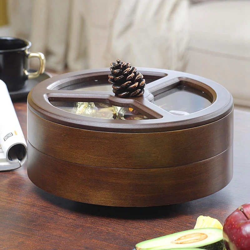 

Europe Solid Wood Divider Cover Dry Fruit Box Living Room Creative Melon Seeds Confectionery Plate Home Dry Fruit Plate