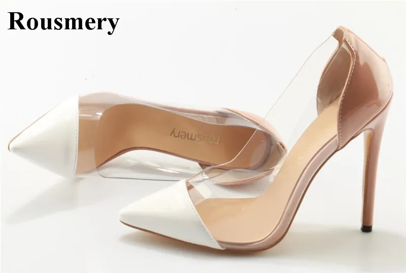 

Women Classical Design Pointed Toe PVC Patent Leather Patchwork Pumps Transparent Slip-on High Heels Dress Shoes Wedding Shoes