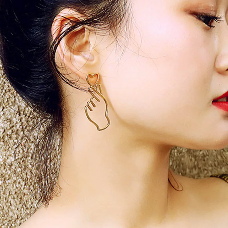 Cute Korean Hollow Metal Hand Finger Heart Stud Earrings for Women