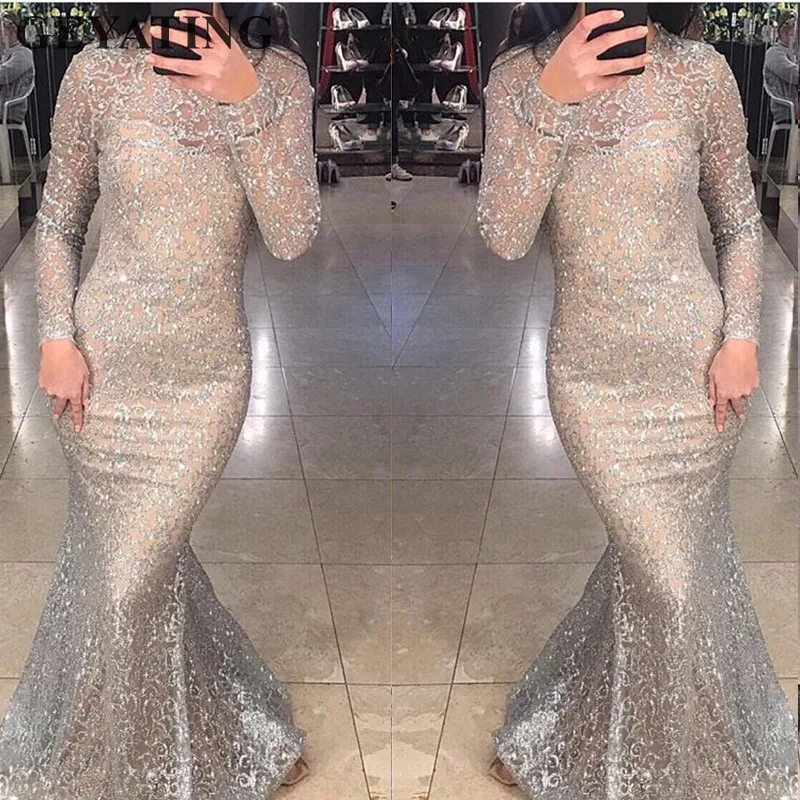 Shiny Silver Sequins Dubai Mermaid Evening Dress Long Sleeves Arabic Formal Prom Dresses 2019 Gold Bodycon Maxi Dress Party Gown