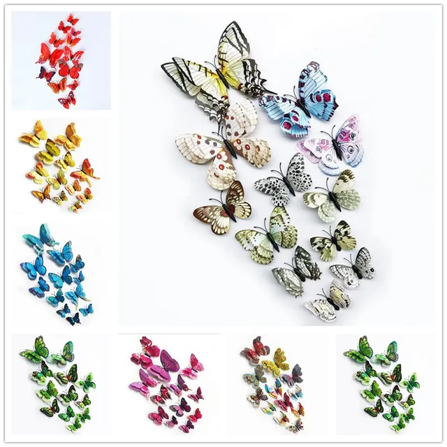 %12Pcs 3D Double layer Butterfly Wall Sticker on the wall for Home Decor DIY Butterflies Fridge Magnet stickers Room Decoration