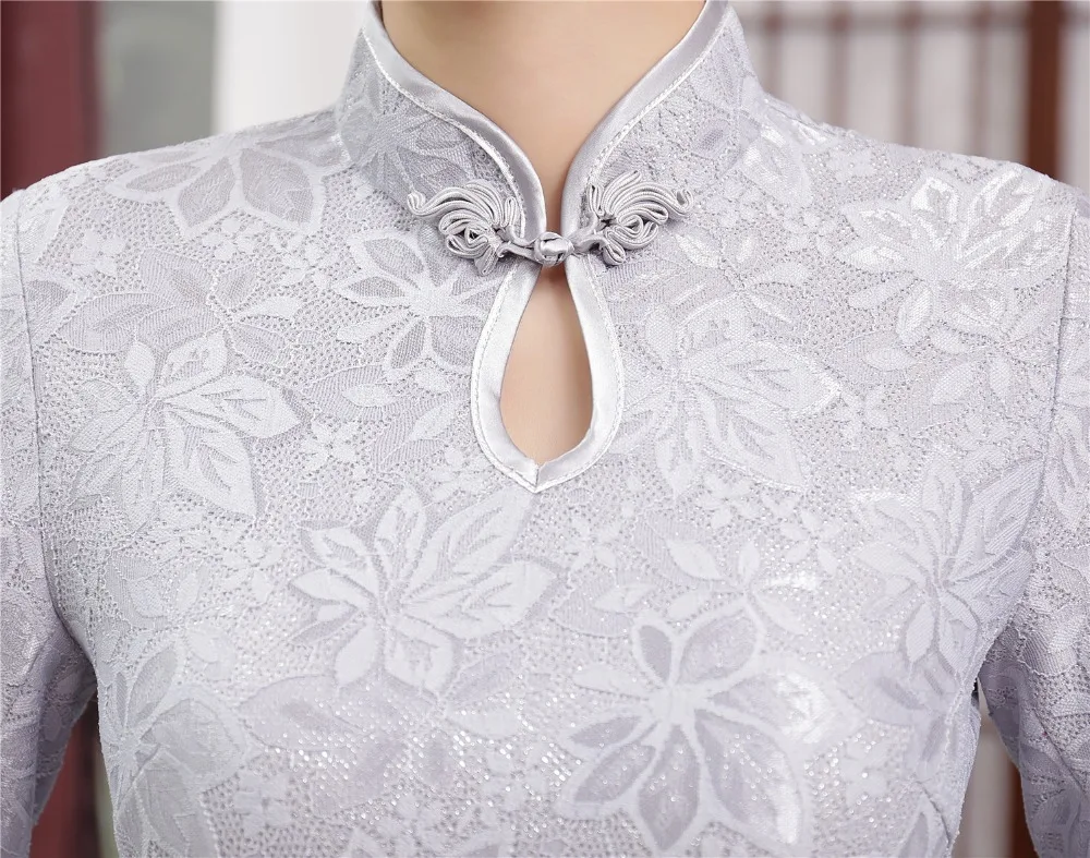Шанхай история Замочная скважина китайское платье Длинные Cheongsam бархат Qipao Кружево Oriental платье с рукавами 3/4 бархат Винтаж Cheongsam
