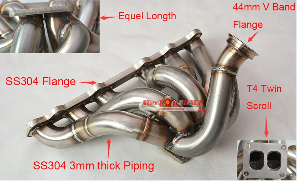 

MERTOP RACE Full SS304 3.0mm T4 Twin Scroll Turbo 6-1 Semi Equel length Manifold Exhaust Fits 93-97 Toyo Supra 2JZ-GTE 2JZ