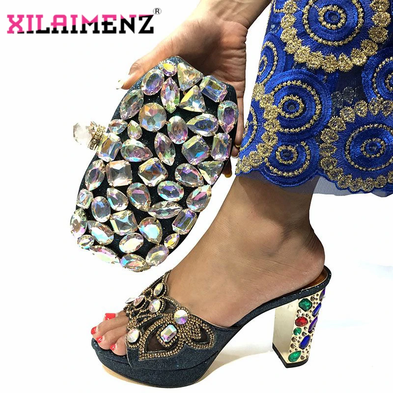 

Dark Blue High Quality 2019 Autumn New Design Matching Slippers and Bag Set High Heels Matching Shoes and Bag Set for Wedding