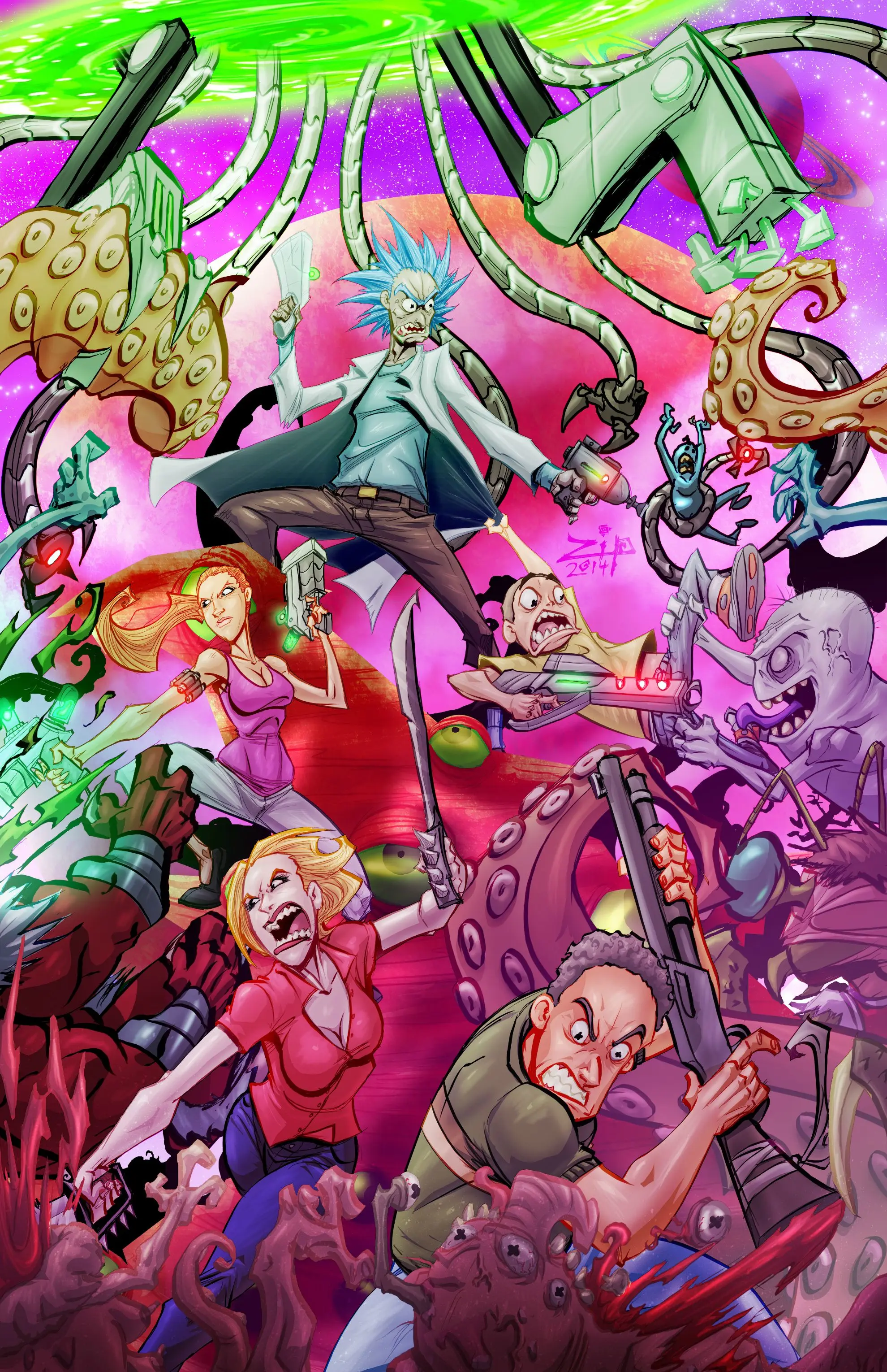 Lucha feroz Rick y Morty de dibujos animados animación