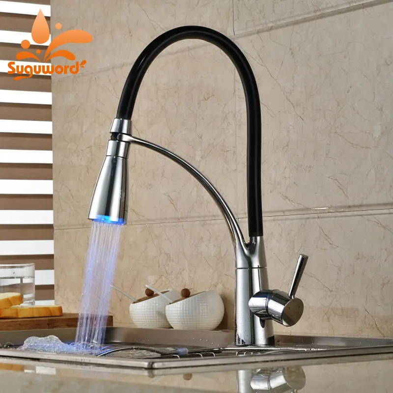 

Suguword LED Chrome Kitchen Faucet Deck Mounted Single Handle One Hole Hot and Cold Mixer Tap