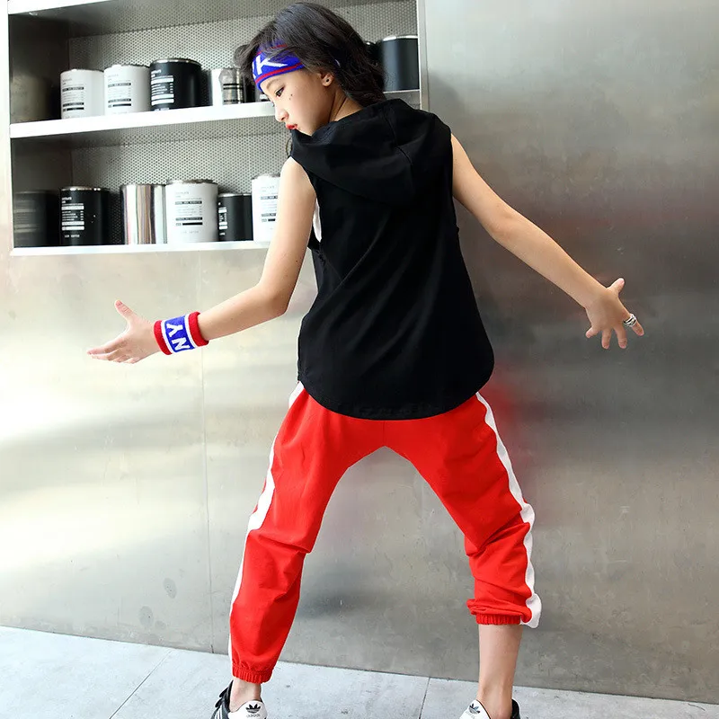 Girls Black long Hoodie Top Sleeveless Red Jogger Pants Jazz Hip Hop Dance Clothes For Kids Teen Girls Summer Sport Suits (2)