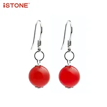 

iSTONE 100% Natural Gemstone Earrings 925 Sterling Silver Bead Shape Red Agate Drop Earrings Fine Jewelry Gift for Woman
