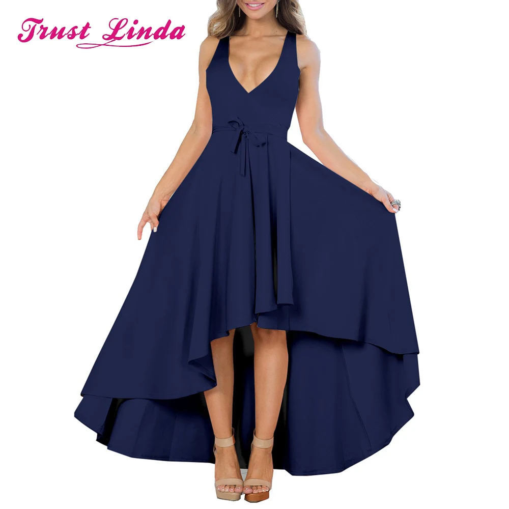

Unique Design V-Neck A-line Asymmetrical Prom Gown Sleeveless Party Dress Custom Made