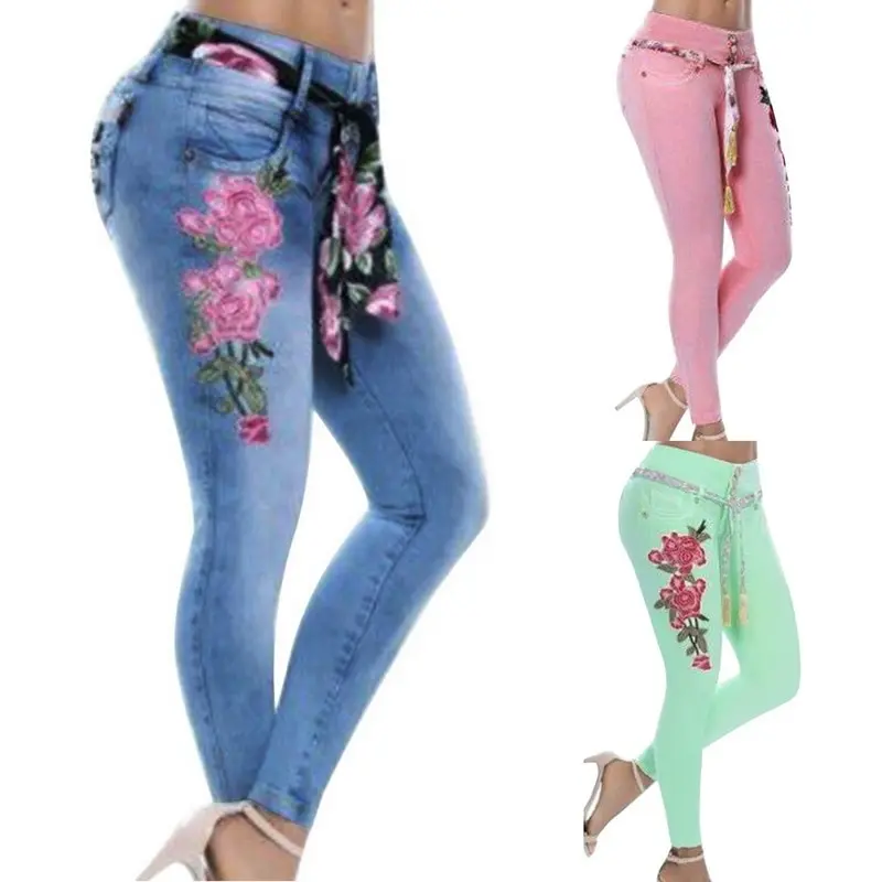 

Plus Size 5XL Bohemian Jeans Woman Sexy Skinny Jeans Floral Embroidery Jean Pencil Denim Pants Casual High Waist Jeans Pants
