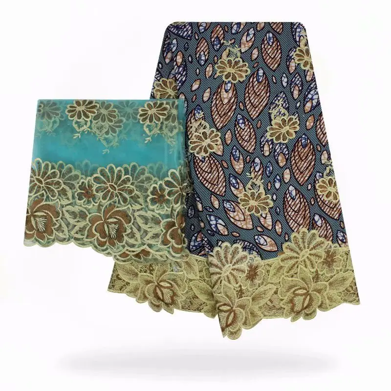 

High quality 6yard embroidery wax lace fabric cotton material 2yard African scarf lace for woman clothing!Y-3128