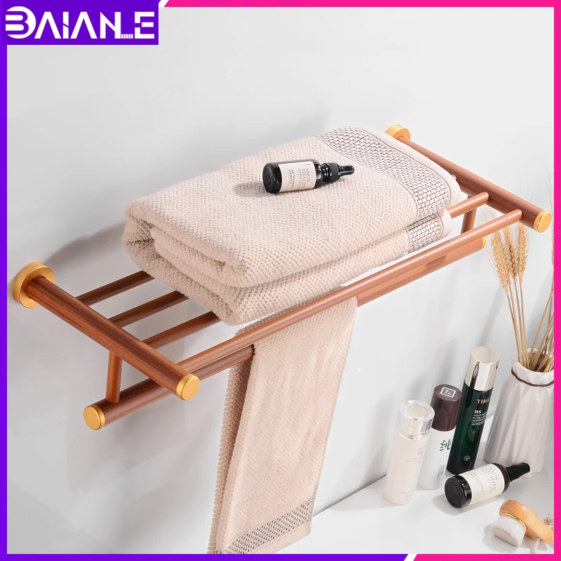 

Bathroom Towel Rack Hanging Holder Wood Aluminum Towel Holder Shower Storage Rack Wall Mounted Bathroom Shelf Towel Bar Single