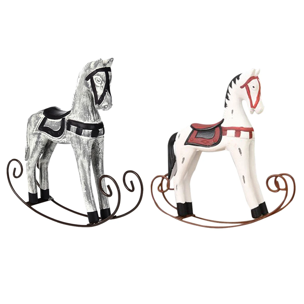 Nordic Wooden Rocking Horse Statue Wedding Decor Wood Horse Crafts DIY Bar Living Room Ornament Kids Toys