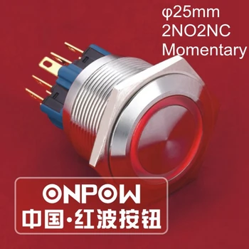 

ONPOW 25mm 2NO2NC 12V Red LED ring illuminated Waterproof IP65 Stainless steel Push button switch (GQ25-22E/R/12V/S) CE, ROHS