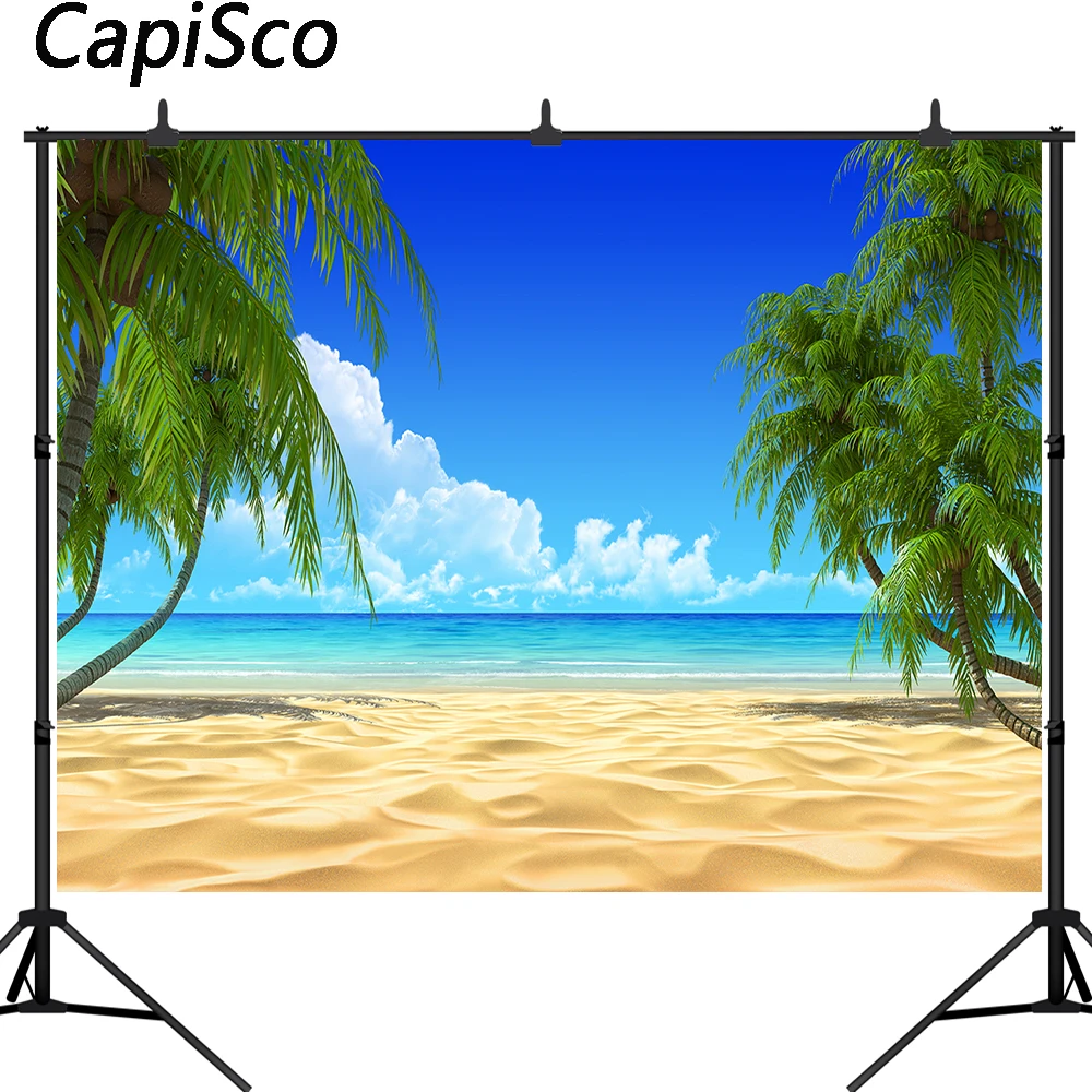 

Capisco Beach Themed Photography Backdrops Palm Trees Blue Sky Seawater Clouds Summer Holiday Wedding Photo Backgrounds