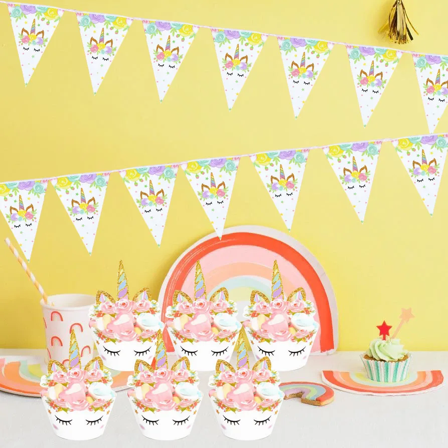

1Set Cartoon Unicorn Horse Banners Rainbow Cupcake Wrappers Cake Topper Cake Decor Wedding/Kid Birthday/Pool Party Decoration