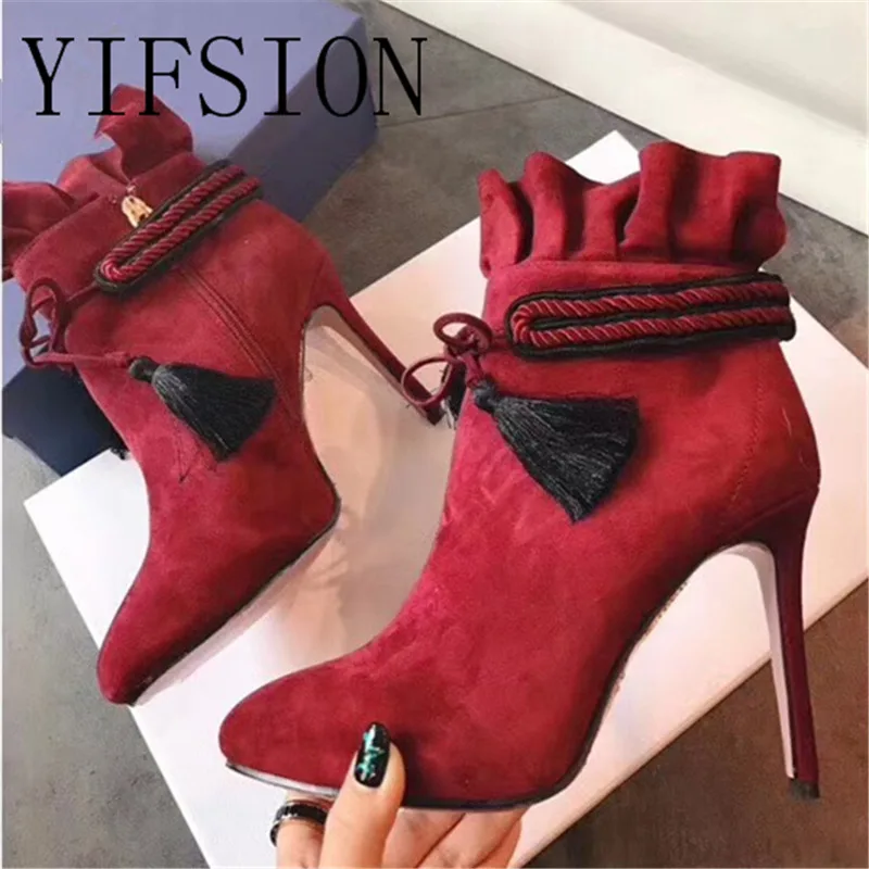 

OLOME New Black Red Green Genuine Leather Women Boots Round Toe Side Zip Thin High Heel Women Autumn Winter Boots Shoes Woman