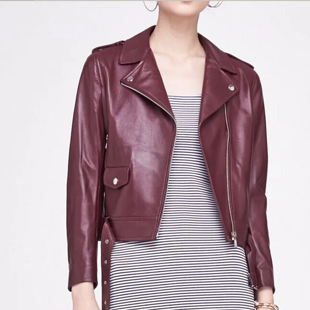 Clásica chaqueta de las mujeres vino rojo Cuero auténtico