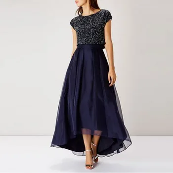 

Dark Navy High Low Women Skirts High Waist Organza Satin Ruffles Midi Length Party Skirts Custom Made