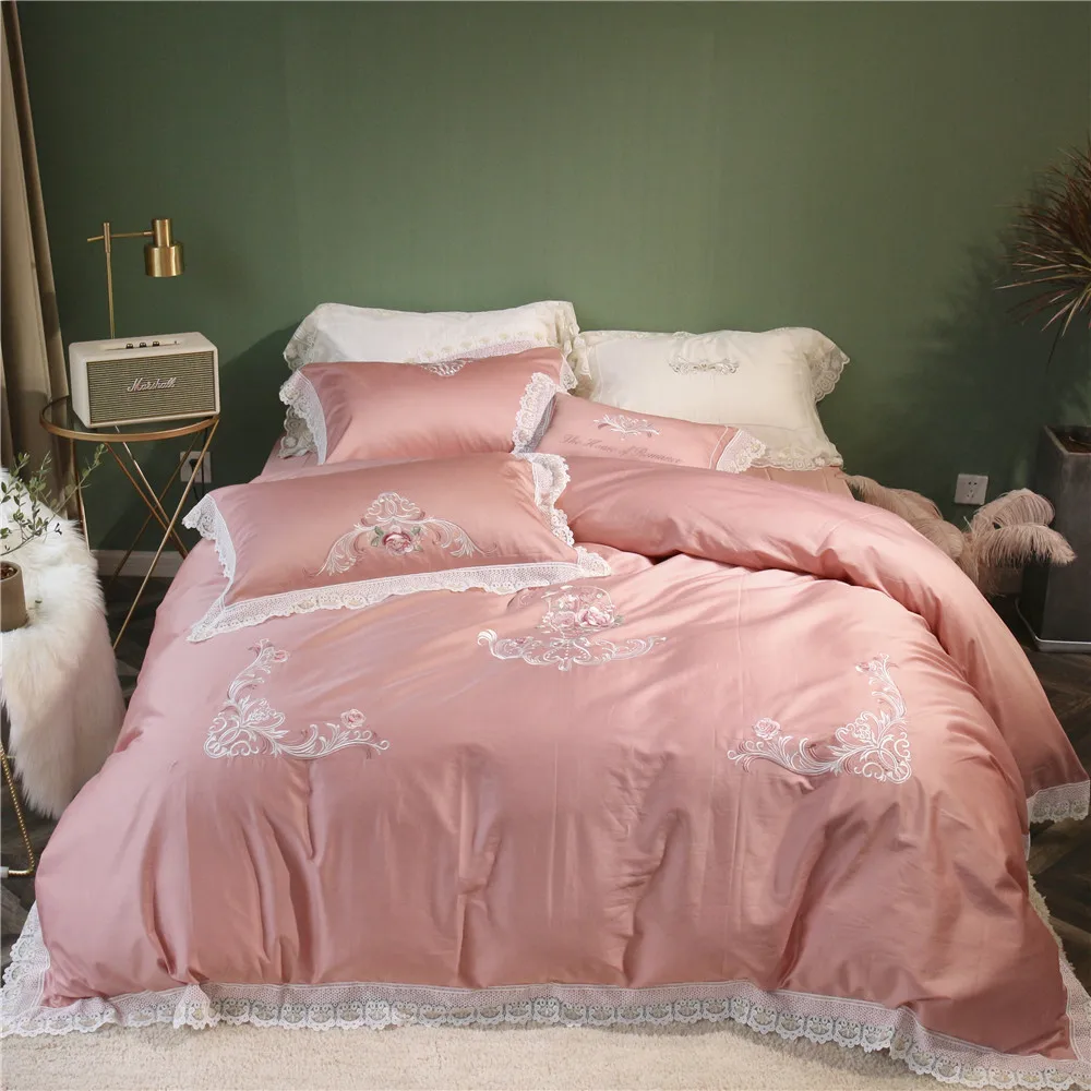 100 Cotton bed sheets 4pcs girls princess pink embroidered duvet