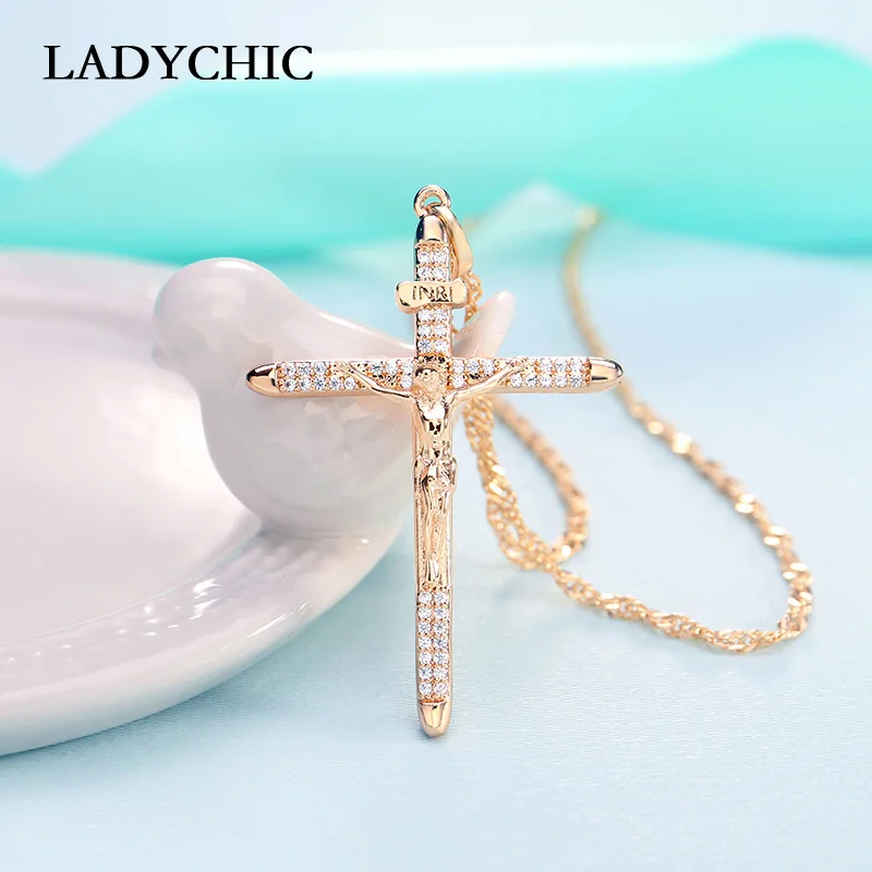

LADYCHIC Gold & Silver Color Cross Pendant Necklaces Paved Austria Crystal Zircon Men & Women Jesus Christ Jewelry Gift LN1056