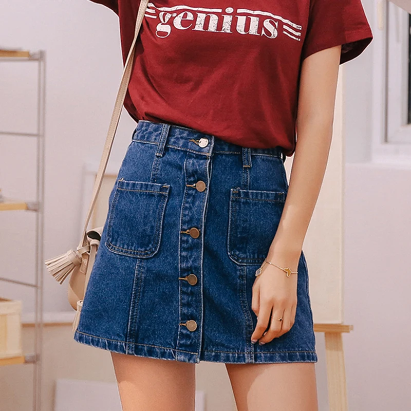 Denim Women's High Waist A-line Mini Skirt with Single Button and Pockets - Perfect for Summer image 5