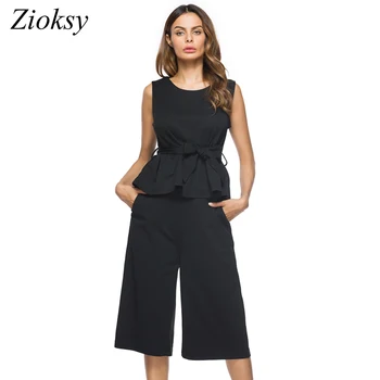 

Summer O-Neck Belt Top & Elastic waist Knee Length Pants Set Women Big Size Sleeveless Solid Twopiece 2018 Casual 2 Pieces