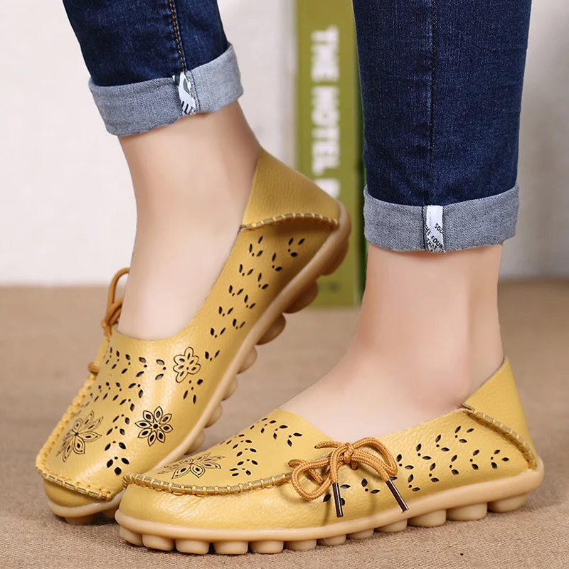 Female Ballet Flats Shoes Women Cut Out GenuineLeather Breathbale Moccains Women Shallow Shoes Solid Ballerina Ladies