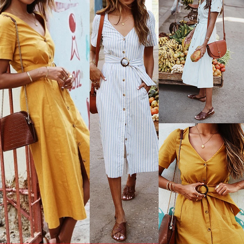 Women Summer Striped Dress Woman Sexy V-neck Short Sleeve Belt Dress Ladies Mid-calf Button Dress Holiday Boho Dresses Sundress