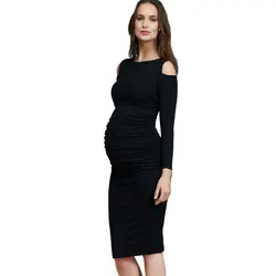 Лайкра с длинным рукавом для будущих мам платье для беременных женская одежда по колено с открытыми плечами эластичные Беременность
