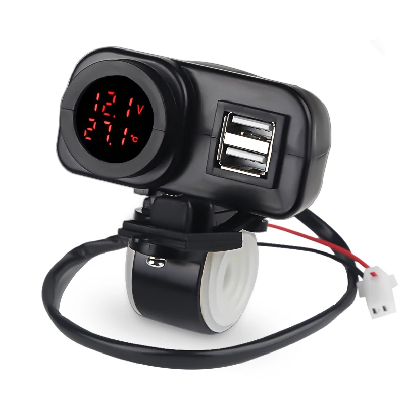 

5V 2.1A Dual USB Charger Socket 7/8 Handlebar Clamp Waterproof Motorcycle Charger LED Display Voltmeter Real Time Thermometer