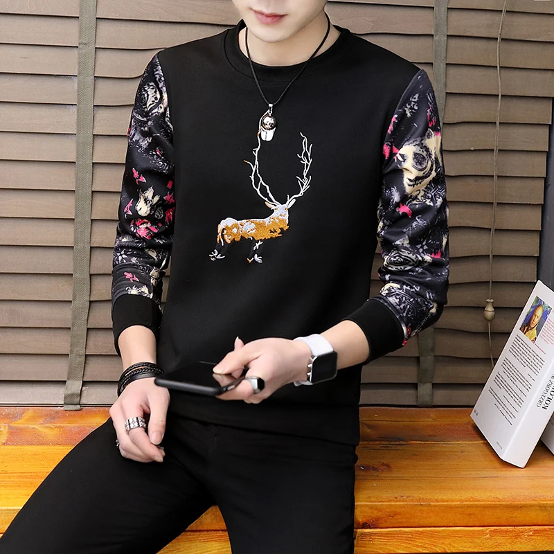 

Spring Autumn Fashion Men Patchwork Deerlet Long Sleeve O-Neck Cool Pullover Hoodies Mens Sweatshirt Tracksuit