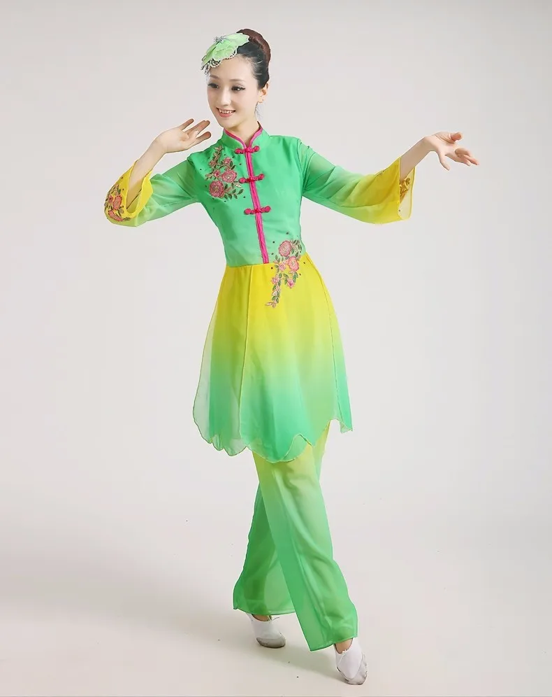 Китайская традиционная Танцы костюмы Yangko Танцы зеленый градиент костюмы женский Национальный Танцы барабан одежда для выступления одежда