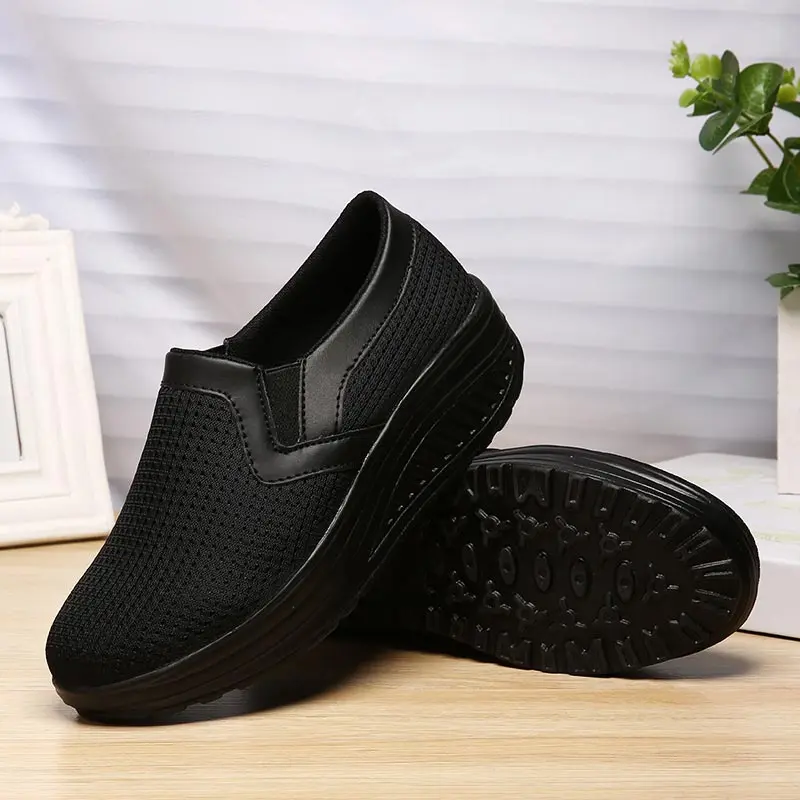 

Large Size Women Shoes Sport Platform Running Shoes Women Wedge Chunky Sneakers Slip-on Sports Shoes Fitness Slip on Black A-340