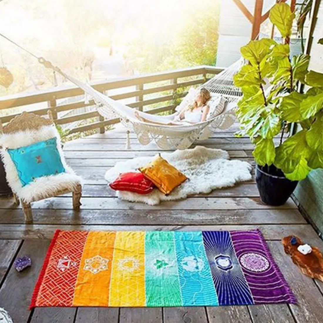 Полиэфирное богемное Настенное подвесное индийская Мандала одеяло 7 Чакра цветной гобелен радужные полосы Путешествия Пляж йога коврик