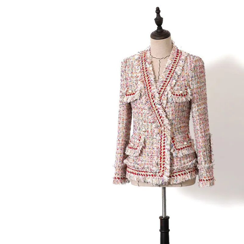 

Mixed Color Twist Tweed Blazers Women Elegant V-neck Fringe Tassel Pearls Short Coats Jackets 2019 Blaizers Mujer Y035