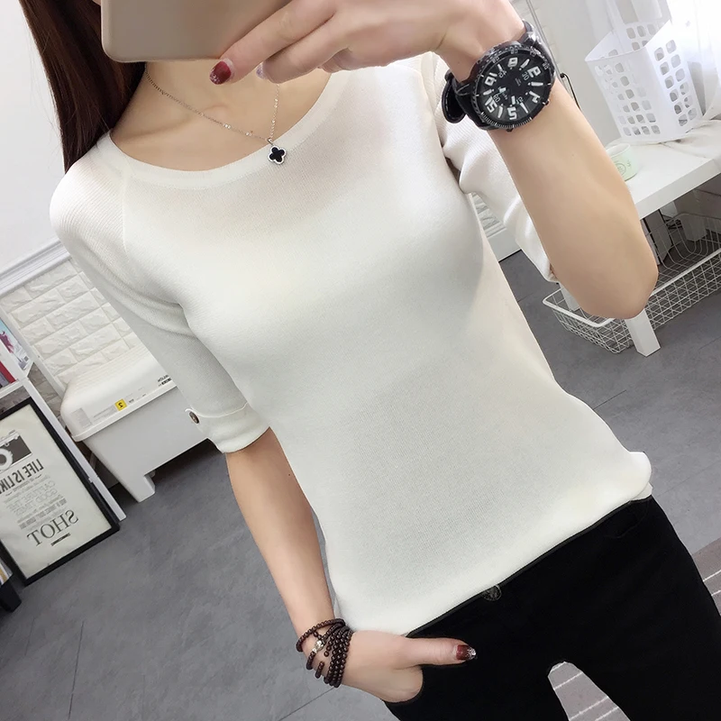 2018 New Women Knitted Pullover Round Neck Solid Half Sleeve Loose Sweater Shirt Female Slim Knit Sweaters Wool Tops Clothing 2018 New Women Knitted Pullover Round Neck Solid Half Sleeve Loose Sweater Shirt Female Slim Knit Sweaters Wool Tops Clothing
