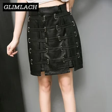 Дизайн юбка со шнуровкой из натуральной овчины женская черная высокая талия сексуальная юбка из Натуральной Кожи Мотоциклетные прямые юбки Свободные